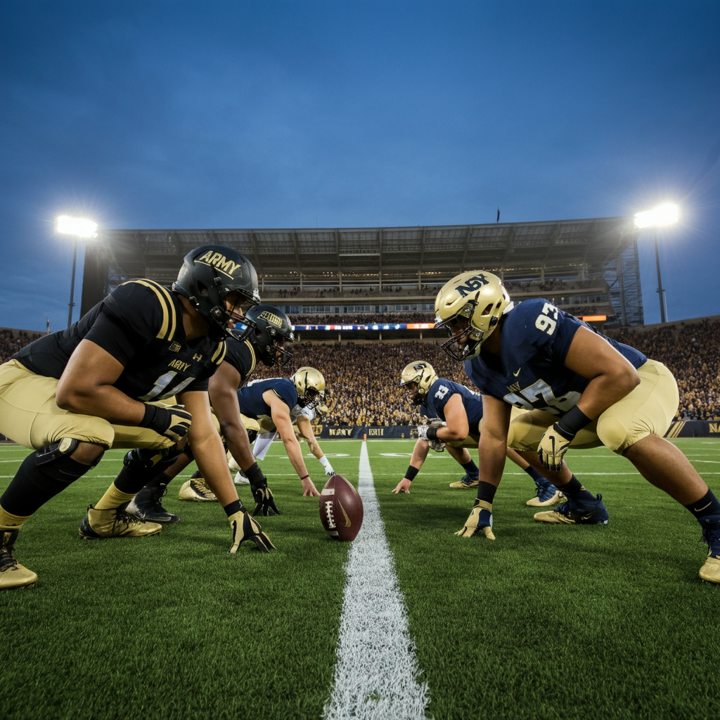 Army and Navy football teams lined up on the field just before a play, with players in their traditional uniforms